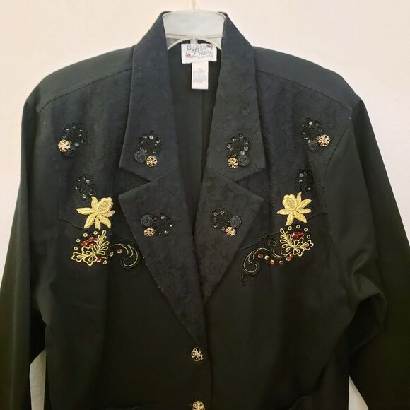 Lacy Afternoon Vintage Embelished Black Cotton Button Front Blazer Pockets 2X EU - Picture 2 of 10
